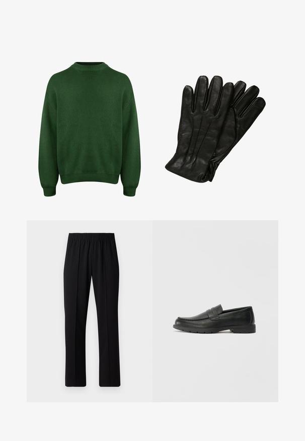 Black puffer jacket with a high collar, zip front closure, quilted design, elastic cuffs, and shiny, smooth fabric finish.; Green knitted sweater with a high neckline, dropped shoulder seams, and ribbed cuffs and hem. Features a textured, soft fabric.; Black, elastic-waist trousers with a straight-leg design, featuring a smooth texture and no visible patterns or hardware.; Black leather loafers with a smooth finish, moccasin-style upper, stitched detailing, and a rubber sole. Classic design with a low heel.; Black leather gloves with a smooth texture, five fingers, and subtle stitching details. Classic design, suitable for cold weather use.