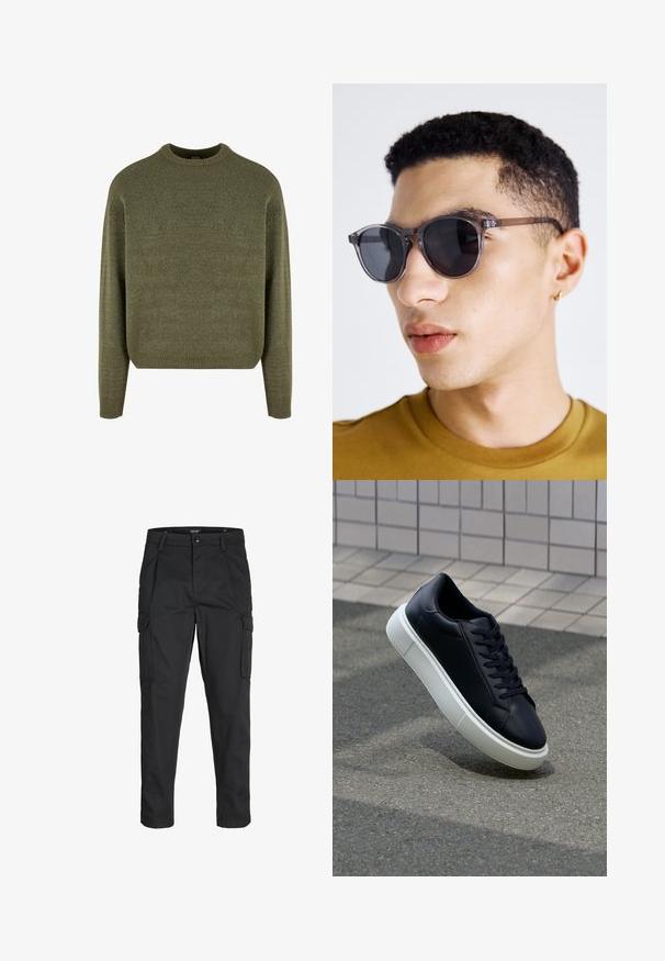 Melna pūkainā jaka ar augstu apkakli, rāvējslēdzēja priekšējo aizdari, quilted dizainu, elastīgām piedurknēm un spīdīgu, gludu auduma apdari.; Zaļš vilnas maisījuma džemperis ar apaļu kakla izgriezumu, ribotām piedurknēm un apakšmalu, kā arī mīkstu, teksturētu apdari. Klasisks, brīvs piegriezums ar nolaišanas pleciem.; Melnas kravas bikses, izgatavotas no izturīga auduma, ar vairākiem kabatām, pogu aizdari un šaura piegriezuma dizainu ar sašaurinātiem kāju apakšiem.; Melnas ādas kedas ar noapaļotu pirkstu un baltu gumijas zoli. Iespējas - plakanas šņorītes un minimāla apdare augšdaļā. Struktūrēta zole, lai nodrošinātu saķeri.; Pelēkā tonī apļa saulesbrilles ar caurspīdīgu rāmi, kurām ir tumši objektīvi un plānas, elegantas kājas. Valkā persona ar īsiem, cirtainiem matiem.