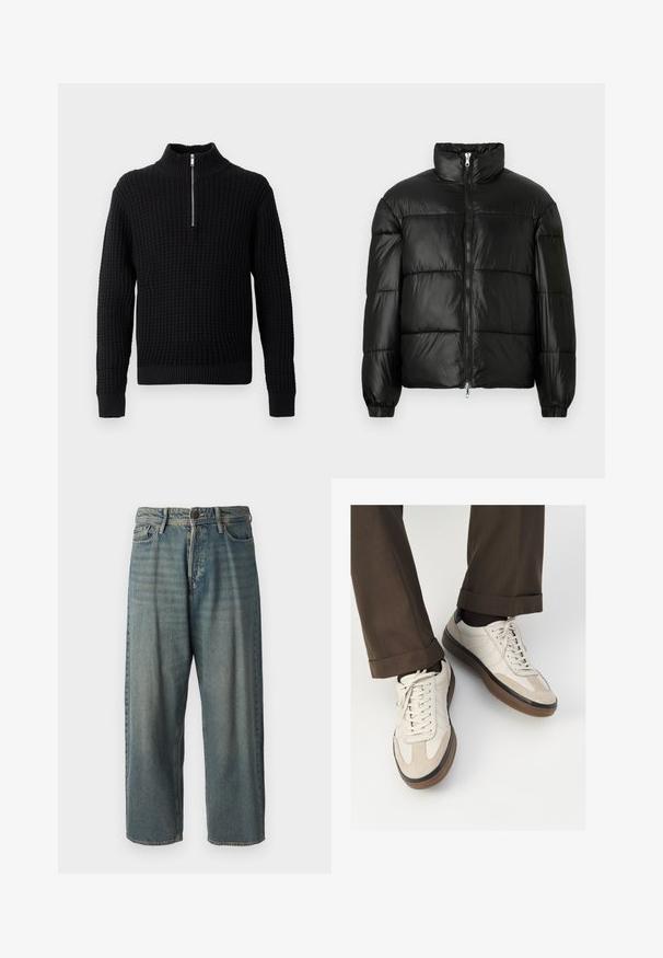Μαύρο μπουφάν με φουσκωτό σχέδιο, ψηλό γιακά, κλείσιμο με φερμουάρ μπροστά, ραφές τύπου καπιτονέ, ελαστικές μανσέτες και γυαλιστερή, λεία υφή.; Μαύρο πλεκτό πουλόβερ με ψηλό γιακά και μισό φερμουάρ. Υφή από σχέδιο βαφλιού, εφαπτόμενοι γάντζοι και κάτω ρέλι.; Ανοιχτό μπλε τζιν παντελόνι με χαλαρή γραμμή, μέση μέσου ύψους και ευθείες γραμμές. Περιλαμβάνει πέντε τσέπες, θηλιές ζώνης και κούμπωμα με κουμπί.; Μπεζ αθλητικά παπούτσια με υφή από σουέτ μπροστά, λεία δερμάτινα πλαϊνά και καουτσούκ καφέ σόλα. Περιλαμβάνονται κορδόνια και λεπτομέρειες ραφής σε ανοιχτό χρώμα.