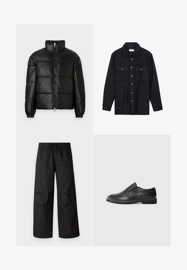 Crna puffer jakna s visokim ovratnikom, zatvaranjem na zip, quilted dizajnom, elastičnim manžetama i sjajnim, glatkim materijalom.; Crna vunena košulja-jakna s ovratnikom, prednjim zatvaranjem na gumbe, dva džepa na prsima i dugim rukavima. Mekana tekstura, bez vidljivih uzoraka.; Crne hlače širokih nogavica izrađene od lagane tkanine, s elastičnim pojasom na vezanje i detaljima na koljenima.; Crne kožne cipele na sklapanje s glatkom gornjom površinom, prošivenim detaljima, zaobljenim vrhom i niskim gumene potplate. Potplat ima minimalne uzorke.