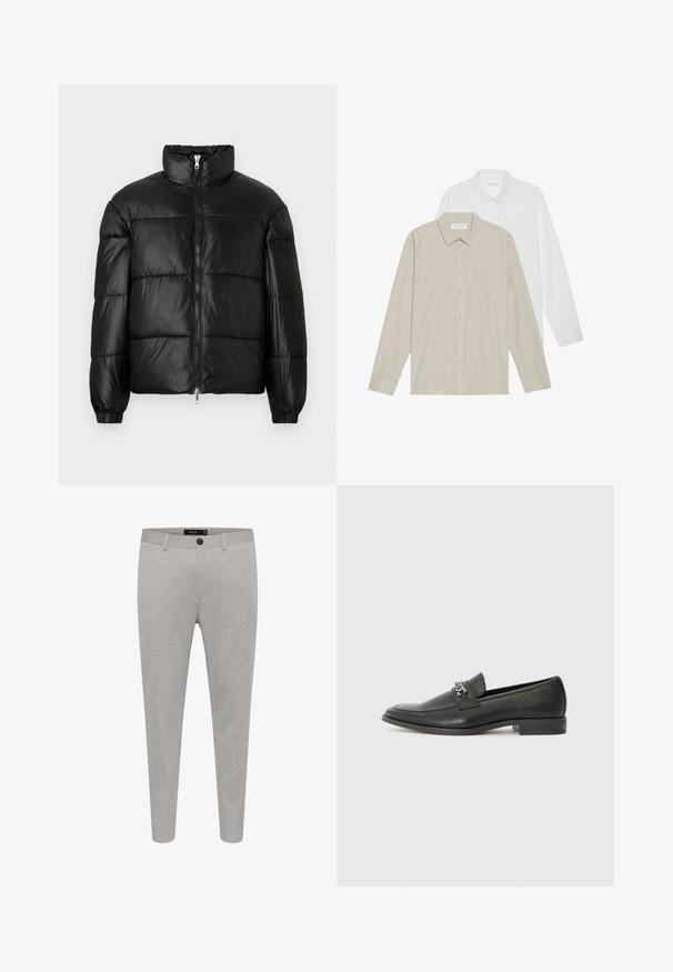 Black puffer jacket with a high collar, zip front closure, quilted design, elastic cuffs, and shiny, smooth fabric finish.; Two long-sleeve shirts: one in white fabric, the other in beige with thin vertical stripes. Both feature button-down collars and cuffs.; Light grey tailored trousers made of textured fabric, featuring a button closure, side pockets, and a slim fit design.; Black leather loafer with a smooth finish, featuring a stitched design and a decorative metal chain accent across the vamp. Flat heel.