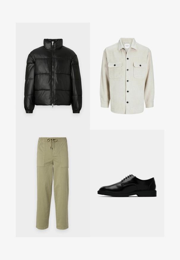 Doudoune noire avec un col montant, fermeture éclair sur le devant, design matelassé, poignets élastiques et finition en tissu lisse et brillant.; Chemise en flanelle beige avec un col, dotée de deux poches poitrine, de boutons noirs et de manches longues avec des poignets à bouton.; Pantalons vert olive clair en tissu mélangé coton, dotés d'une taille élastique avec cordon de serrage et de deux grandes poches latérales.; Chaussure habillée en cuir noir avec une finition lisse, bout rond, système de laçage, et semelle en caoutchouc discrète pour une meilleure traction.