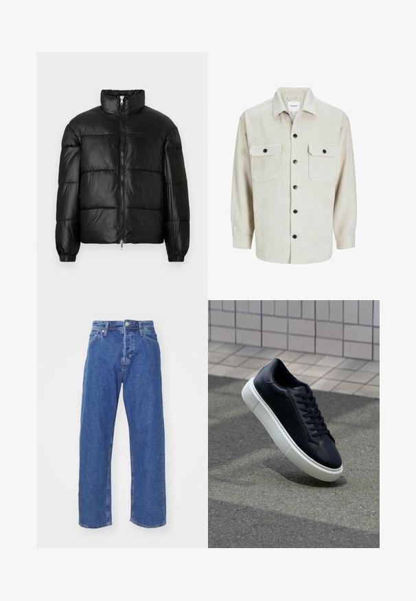Μαύρο μπουφάν με φουσκωτό σχέδιο, ψηλό γιακά, κλείσιμο με φερμουάρ μπροστά, ραφές τύπου καπιτονέ, ελαστικές μανσέτες και γυαλιστερή, λεία υφή.; Μπεζ φανέλα με γιακά, διαθέτει δύο τσέπες στο στήθος, μαύρα κουμπιά και μακριά μανίκια με κουμπωτές μανσέτες.; Μπλε τζην παντελόνι με ευθεία γραμμή, με κουμπί και φερμουάρ, πέντε τσέπες και μίνιμαλ ραφές.; Μαύρο δερμάτινο αθλητικό παπούτσι με στρογγυλή μύτη και λευκή καουτσούκ σόλα. Διαθέτει επίπεδες κορδόνες και ελάχιστες ραφές στο επάνω μέρος. Υφή σόλας για καλύτερη πρόσφυση.