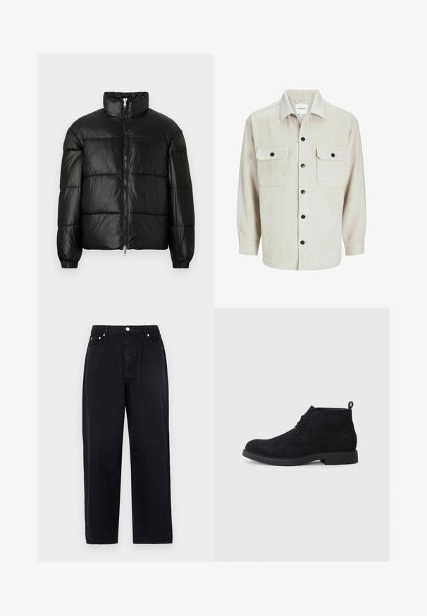 Chaqueta de pluma negra con un cuello alto, cierre frontal con cremallera, diseño acolchado, puños elásticos y acabado de tela brillante y suave.; Camisa de franela beige con cuello, que presenta dos bolsillos en el pecho, botones negros y mangas largas con puños abotonados.; Vaqueros anchos negros de mezclilla. Cuenta con un cierre frontal con botón, dos bolsillos laterales y un diseño clásico de 5 bolsillos. Textura suave.; Botas de tobillo de ante negro con punta redonda, diseño con cordones y suela de goma texturizada. Presentan una pequeña lengüeta en la parte trasera.
