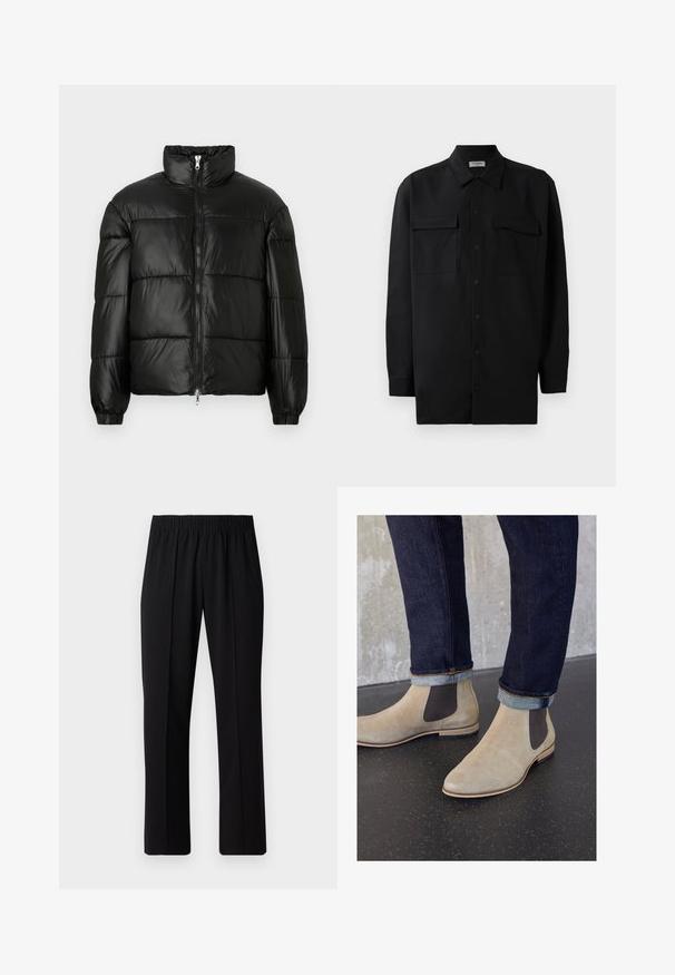 Mustat puffer-takki korkealla kauluksella, vetoketjukiinnitys edessä, tikattu malli, joustavat hihansuut ja kiiltävä, sileä kangasviimeistely.; Musta napillinen paita, joka on valmistettu sileästä kankaasta. Paita sisältää klassisen kaulan, kaksi etutaskua ja pitkät hihat, joissa on nappivarat.; Mustat, joustavat vyötäröhousut suoralla lahkeella, joissa on sileä pinta ilman näkyviä kuvioita tai metalliosia.; Zign LEATHER - Klassiset nilkkurit - sand
