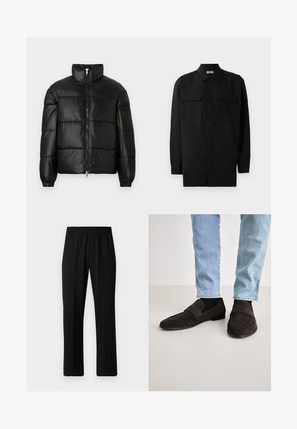 Black puffer jacket with a high collar, zip front closure, quilted design, elastic cuffs, and shiny, smooth fabric finish.; Black button-up shirt made of smooth fabric, featuring a classic collar, two front pockets, and long sleeves with button cuffs.; Black, elastic-waist trousers with a straight-leg design, featuring a smooth texture and no visible patterns or hardware.; Dark brown suede loafers with a flat sole and a wide strap across the upper. Worn with light blue denim jeans and black socks.