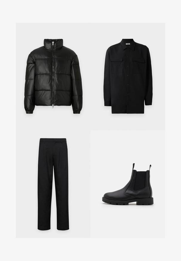 Crna puffer jakna s visokim ovratnikom, zatvaranjem na zip, quilted dizajnom, elastičnim manžetama i sjajnim, glatkim materijalom.; Crna košulja s dugim rukavima od glatkog materijala, s klasičnom kragnom, dva prednja džepa i dugmadima na manžetama.; Crne hlače od glatkog materijala, s dizajnom ravnih nogavica, dva prednja nabora i standardnim pojasom s petljama za remen.; Crne Chelsea čizme od teksturirane kože, s elastičnim bočnim panelima, petnim trakama i debelim gumenim potplatom s reljefnim uzorkom.