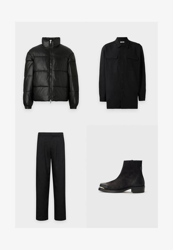 Svart pufferjakke med høy krage, glidelås foran, quiltet design, elastiske mansjetter og blank, glatt stofffinish.; Svart skjorte med knapper laget av glatt stoff, med klassisk krage, to frontlommer og lange ermer med knappe mansjetter.; Sorte bukser laget av glatt stoff, med rette ben, to frontfoldninger og standard liv med beltehemper.; Sorte ankelstøvler laget av semsket skinn og lær, med rund tå, liten hæl, sølvfarget metallaccent på tåa, og elastiske sidestykker.