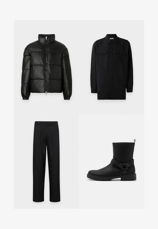 Black puffer jacket with a high collar, zip front closure, quilted design, elastic cuffs, and shiny, smooth fabric finish.; Black button-up shirt made of smooth fabric, featuring a classic collar, two front pockets, and long sleeves with button cuffs.; Black trousers made of smooth fabric, featuring a straight-leg design, two front pleats, and standard waistband with belt loops.; Black ankle boots with a textured leather upper, featuring a side strap with hardware accents and a lugged rubber sole for traction.