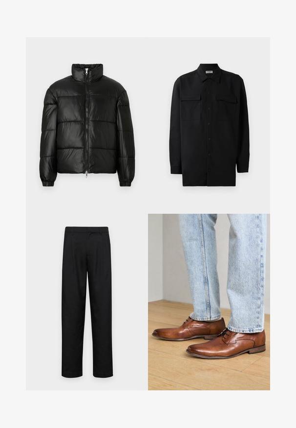 Doudoune noire avec un col montant, fermeture éclair sur le devant, design matelassé, poignets élastiques et finition en tissu lisse et brillant.; Chemise noire à manches longues en tissu lisse, dotée d'un col classique, de deux poches devant et de poignets à boutons.; Pantalons noirs en tissu lisse, avec une coupe droite, deux plis avant et une taille standard avec passants de ceinture.; bugatti Derbies & Richelieus - cognac