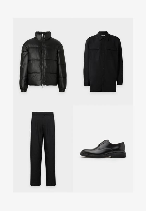 Črna pufasta jakna z visokim ovratnikom, z zadrgo spredaj, prešito zasnovo, elastičnimi manšetami in sijočim, gladkim zaključkom tkanine.; Črn srajčni zgornji del iz gladkega materiala, s klasičnim ovratnikom, dvema sprednjima žepoma in dolgimi rokavi z gumbi na manšetah.; Črne hlače iz gladkega materiala, s krojem ravne noge, dvema sprednjima pregiboma in standardnim pasom z zankami za pas.; Črne usnjene oblečne čevlje z okroglo konico, petimi luknjami za vezalke, gladko teksturo in nizkim gumijastim podplatom.