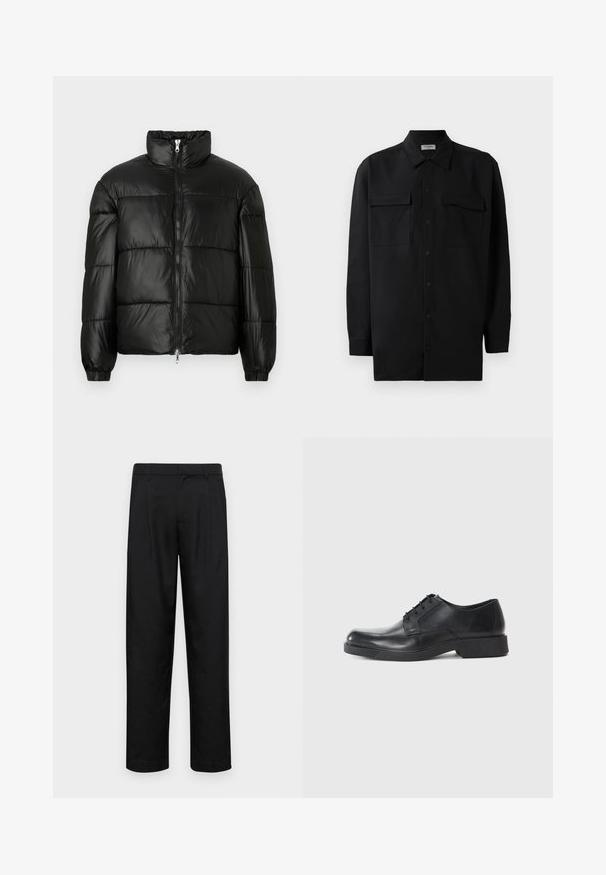 Fekete puffernadrág magas gallérral, cipzáras elülső záródással, steppelt kialakítással, elasztikus mandzsettákkal és fényes, sima szövetfelülettel.; Fekete gombos ing, sima anyagból készült, klasszikus gallérral, két elülső zsebbel és hosszú ujjakkal, amelyek gombos mandzsettával záródnak.; Fekete nadrág sima anyagból, egyenes szárú fazonnal, két elülső redővel és közönséges derékkal, övhurkokkal.; Fekete bőrcipő, lekerekített orral, fűzős kivitelben és alacsony blokk sarkú. Simma textúra és minimalista profil.