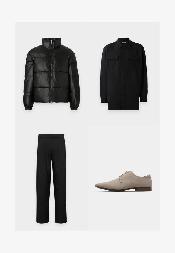 Casaco puffer preto com gola alta, fecho frontal em zíper, design acolchoado, punhos elásticos e acabamento de tecido brilhante e suave.; Camisa preta de botão, feita de um tecido suave, com golas clássicas, dois bolsos frontais e mangas longas com punhos abotoados.; Calças pretas feitas de tecido suave, com um design de perna reta, dois pregas frontais e uma cintura padrão com passantes para cinto.; Sapatos bege de atacadores feitos de camurça suave, com bico em ponteira, costura mínima e salto de madeira. Textura lisa e design simples.
