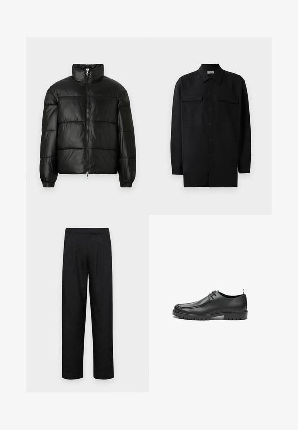 Casaco puffer preto com gola alta, fecho frontal em zíper, design acolchoado, punhos elásticos e acabamento de tecido brilhante e suave.; Camisa preta de botão, feita de um tecido suave, com golas clássicas, dois bolsos frontais e mangas longas com punhos abotoados.; Calças pretas feitas de tecido suave, com um design de perna reta, dois pregas frontais e uma cintura padrão com passantes para cinto.; Sapatos de couro preto com acabamento liso, bico arredondado e costura decorativa. Possuem sola de borracha com ranhuras de tração e um design de atacadores.