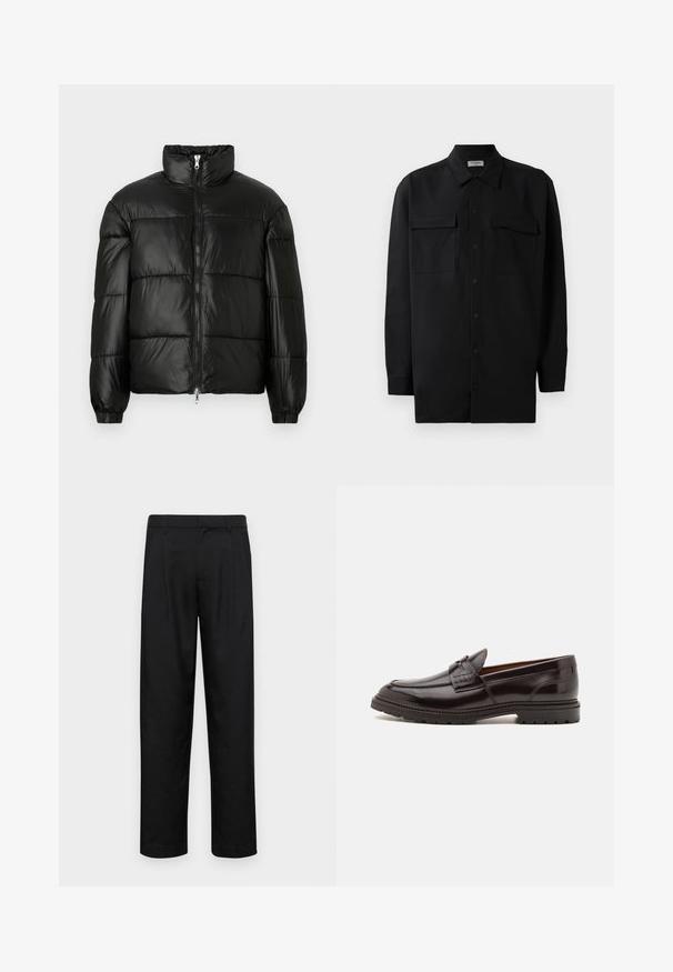 Czarna kurtka puchowa z wysokim kołnierzem, zapięciem na zamek błyskawiczny z przodu, pikowanym wzorem, elastycznymi mankietami oraz błyszczącym, gładkim wykończeniem materiału.; Czarna koszula z guzikami wykonana z gładkiego materiału, z klasycznym kołnierzykiem, dwoma przednimi kieszeniami i długimi rękawami z mankietami na guziki.; Czarne spodnie wykonane z gładkiego materiału, z prostą nogawką, dwoma fałdami z przodu oraz standardowym paskiem z wypustkami na pasek.; Czarne skórzane loafersy z gładką cholewką, wyposażone w wystające przeszycie i teksturowaną taśmę z przodu. Gumowa podeszwa z przyczepnością.