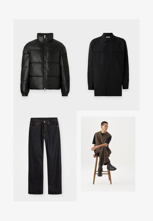 Black puffer jacket with a high collar, zip front closure, quilted design, elastic cuffs, and shiny, smooth fabric finish.; Black button-up shirt made of smooth fabric, featuring a classic collar, two front pockets, and long sleeves with button cuffs.; Men’s straight-leg black denim jeans with five pockets and orange stitching, button and zip closure on front waistband.; Brown knitted vest over a black t-shirt, paired with brown wide-leg trousers and black chunky shoes, seated on a wooden stool.