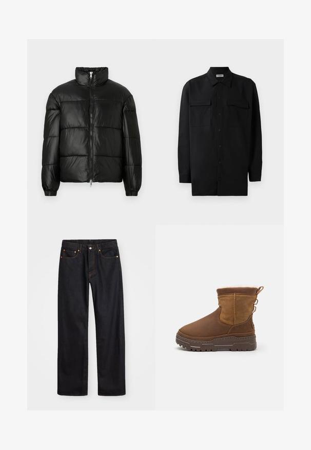 Chaqueta de pluma negra con un cuello alto, cierre frontal con cremallera, diseño acolchado, puños elásticos y acabado de tela brillante y suave.; Camisa negra de botones, fabricada en tejido suave, con un cuello clásico, dos bolsillos delanteros y mangas largas con puños de botón.; Jeans de mezclilla negros de pierna recta para hombre, con cinco bolsillos y costuras en color naranja, cierre de botón y cremallera en la parte delantera de la cintura.; Botines de ante marrón con un suave forro de piel, suela de goma resistente y bucles decorativos laterales para facilitar su uso. Acabado texturizado en la parte superior.