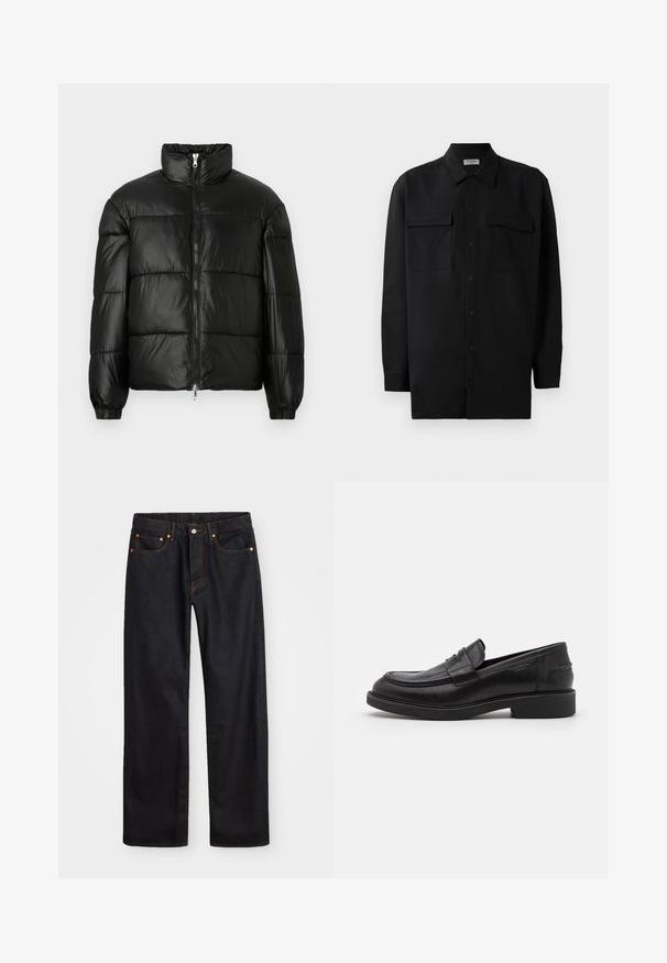 Casaco puffer preto com gola alta, fecho frontal em zíper, design acolchoado, punhos elásticos e acabamento de tecido brilhante e suave.; Camisa preta de botão, feita de um tecido suave, com golas clássicas, dois bolsos frontais e mangas longas com punhos abotoados.; Calças de ganga pretas para homem, de pernas retas, com cinco bolsos e costura laranja, fecho de botão e zíper na cintura da frente.; Mocassins de couro preto com bico arredondado, costura tonal e detalhe em tira na parte da frente. Sola de borracha com um salto baixo.