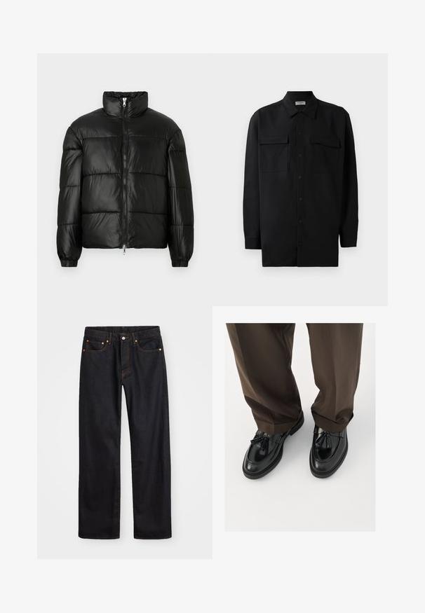 Svart puffjacka med hög krage, dragkedja fram, kviltat mönster, elastiska ärmslut och en blänkande, slät ytfinish.; Svart knappened skjorta i slät tyg, med klassisk krage, två frampockets samt långa ärmar med knäppning vid handlederna.; Svart denimjeans för män med rak passform, fem fickor och orangea sömmar, med knäppning och dragkedja fram i midjan.; Svarta läderloafers med rund tå, dekorativa fransar och texturerad söm, ihop med bruna, något löst sittande byxor.