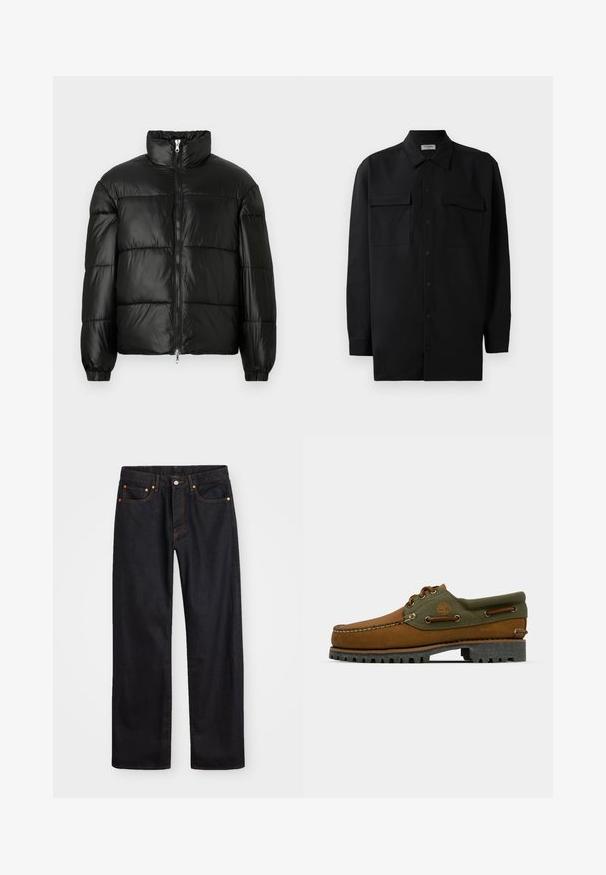 Must mustaga jakker, millel on kõrge krae, luku esikinnitus, tikanditud disain, elastsed mansetid ja läikiv, sile kangast viimistlus.; Mustmust värvi nööpidega särk, mis on valmistatud sujuvast kangast, klassikalise kraega, kahe eesmise tasku ja pikkade varrukatega, millel on nööpidega mansetid.; Meeste sirge jala mustad denim teksad viie taskuga, oranž õmblus, nupu ja tõmblukuga ees nagu vöökoht.; Pruunid nahast jalanõud, millel on rohelised tekstiiliennustused. Omab mokassiini stiilis disaini, brodeeritud logo ja robustset kummitalda, millel on sügavad mustrid.