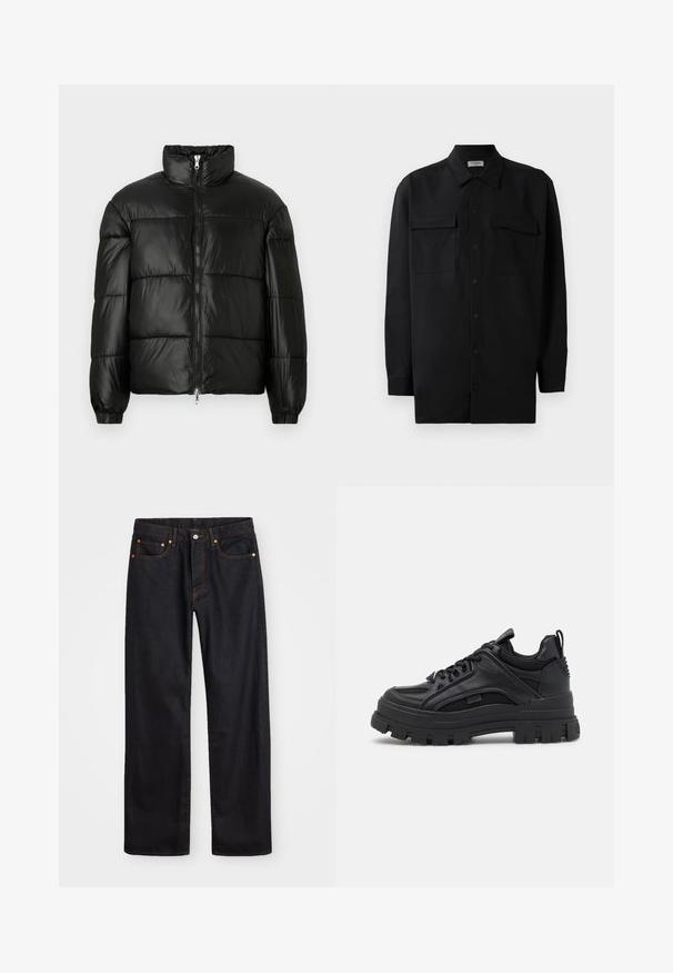 Giacca a vento nera con colletto alto, chiusura frontale con zip, design trapuntato, polsini elasticizzati e finitura in tessuto lucido e liscio.; Camicia nera con bottoni realizzata in tessuto morbido, dotata di colletto classico, due tasche frontali e maniche lunghe con polsini a bottone.; Jeans neri in denim dritto da uomo con cinque tasche e cuciture arancioni, chiusura con bottone e zip sulla vita anteriore.; Sneaker chunky neri realizzati con un mix di materiali in pelle e rete, suola spessa, design con lacci e un tassello sul retro.