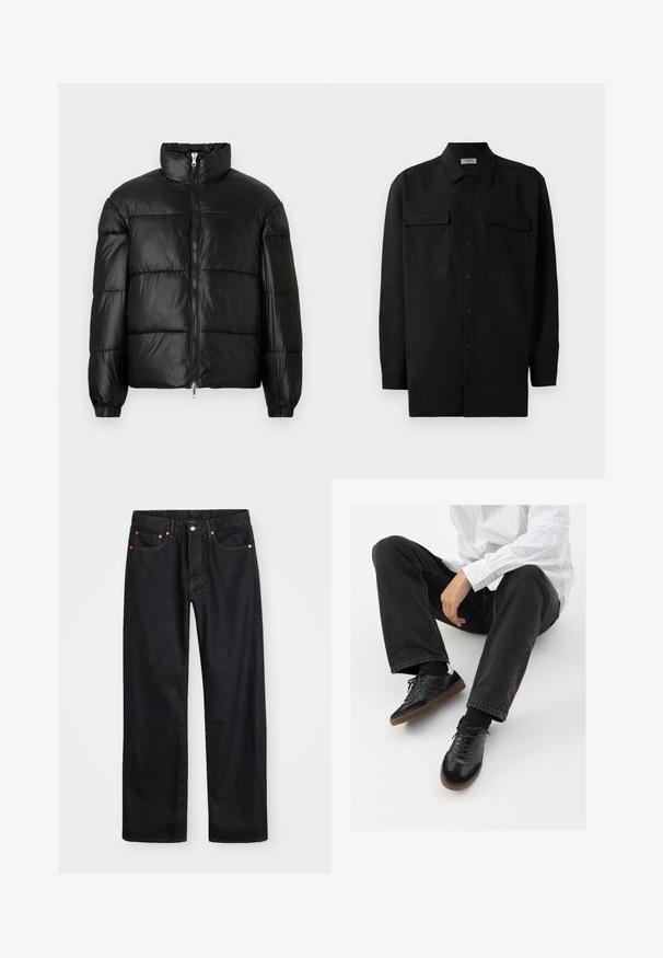 Μαύρο μπουφάν με φουσκωτό σχέδιο, ψηλό γιακά, κλείσιμο με φερμουάρ μπροστά, ραφές τύπου καπιτονέ, ελαστικές μανσέτες και γυαλιστερή, λεία υφή.; Μαύρο πουκάμισο με κουμπιά από απαλό ύφασμα, με κλασικό γιακά, δύο μπροστινές τσέπες και μακριά μανίκια με κουμπιά στον καρπό.; Ανδρικό τζιν παντελόνι σε ευθεία γραμμή, μαύρου χρώματος, με πέντε τσέπες και πορτοκαλί ραφές, με κουμπί και φερμουάρ στον μπροστινό ιμάντα.; Μαύρα αθλητικά παπούτσια με λείο και υφασμάτινο πάνω μέρος, διαθέτοντας καουτσούκ σόλα και σκούρες κορδόνες. Συνδυασμένα με μαύρα τζιν και λευκό πουκάμισο με ρίγες.