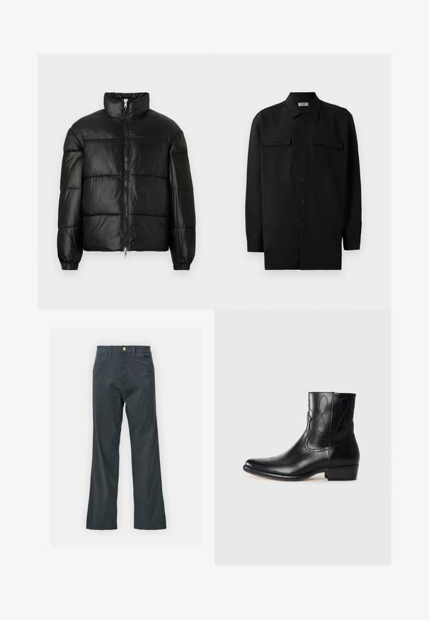 Casaco puffer preto com gola alta, fecho frontal em zíper, design acolchoado, punhos elásticos e acabamento de tecido brilhante e suave.; Camisa preta de botão, feita de um tecido suave, com golas clássicas, dois bolsos frontais e mangas longas com punhos abotoados.; Calças pretas com corte reto, feitas de um tecido em mistura de algodão. Apresenta um fecho com botão metálico e bolsos laterais. Sem padrões visíveis.; Bota de tornozelo em couro preto com bico pontiagudo, costura decorativa e um salto bloco baixo. Textura suave com detalhes de design discretos.