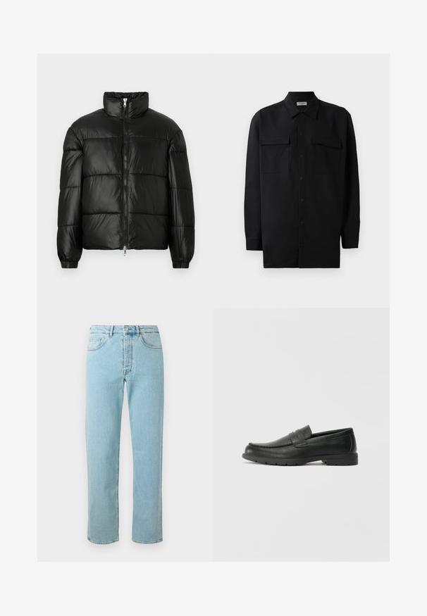Črna pufasta jakna z visokim ovratnikom, z zadrgo spredaj, prešito zasnovo, elastičnimi manšetami in sijočim, gladkim zaključkom tkanine.; Črn srajčni zgornji del iz gladkega materiala, s klasičnim ovratnikom, dvema sprednjima žepoma in dolgimi rokavi z gumbi na manšetah.; Svetlo modri jeans z ravnim krojem nogavic, ki imajo pet žepov, zadrgo in subtilno blago zbledelost skozi tkanino.; Črne usnjene loafer čevlje z gladko površino, zgornjim delom v slogu mokasin, šivanimi detajli in gumijastim podplatom. Klasična zasnova z nizko peto.