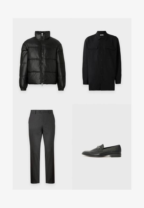 Casaco puffer preto com gola alta, fecho frontal em zíper, design acolchoado, punhos elásticos e acabamento de tecido brilhante e suave.; Camisa preta de botão, feita de um tecido suave, com golas clássicas, dois bolsos frontais e mangas longas com punhos abotoados.; Calças cinzentas riscas feitas de um tecido com uma textura suave. Apresentam um fecho frontal por botão e um design de perna reta para um ajuste sob medida.; Sapatilha de couro preta com um acabamento suave, apresentando um design cosido e um detalhe decorativo de corrente de metal atravessando o peito do pé. Salto baixo.