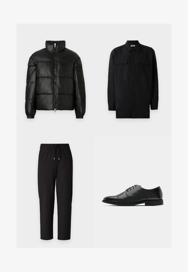 Črna pufasta jakna z visokim ovratnikom, z zadrgo spredaj, prešito zasnovo, elastičnimi manšetami in sijočim, gladkim zaključkom tkanine.; Črn srajčni zgornji del iz gladkega materiala, s klasičnim ovratnikom, dvema sprednjima žepoma in dolgimi rokavi z gumbi na manšetah.; Only & Sons ONSSINUS PANT - Hlače - black; Črne usnjene moške čevlje z zaobljenim nosom, s sistemom vezalk, diskretnimi šivi in nizkih petah. Gladka tekstura s sijočim zaključkom.