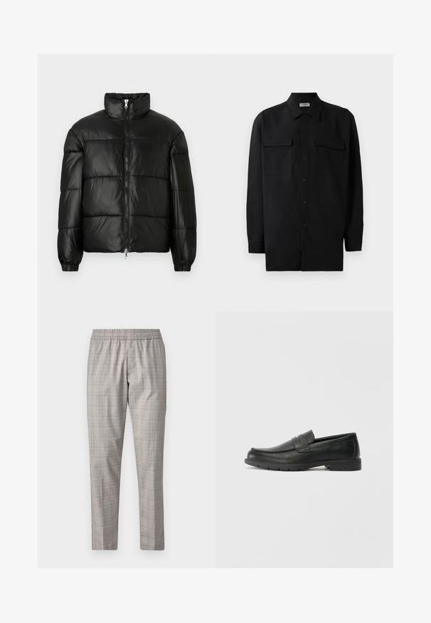 Melna pūkainā jaka ar augstu apkakli, rāvējslēdzēja priekšējo aizdari, quilted dizainu, elastīgām piedurknēm un spīdīgu, gludu auduma apdari.; Melnā pogu krekla, kas izgatavota no gludas auduma, ar klasisku apkakli, divām priekšējām kabatām un garām piedurknēm ar pogu aprocēm.; Jack & Jones PREMIUM STKANE EDWIN - Auduma bikses - otter; Melnas ādas loafers ar gludu apdari, mokasīnu stila augšdaļu, šūtu detalizāciju un gumijas zoli. Klasisks dizains ar zemu papēdi.