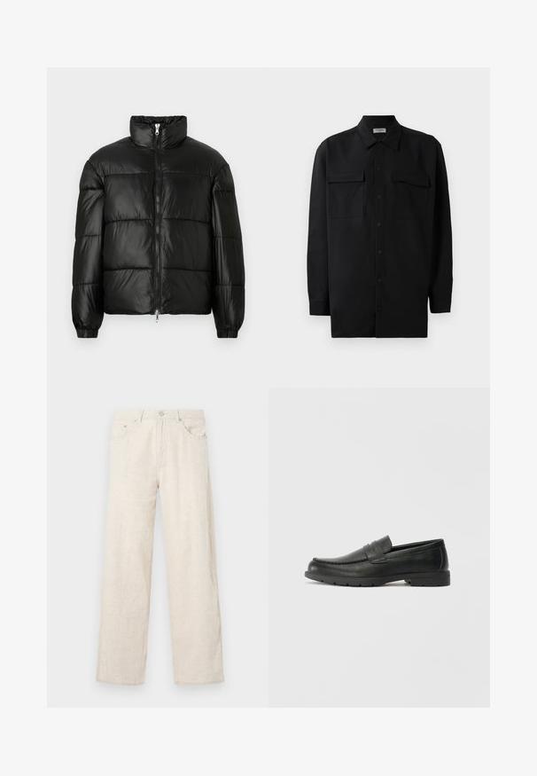Črna pufasta jakna z visokim ovratnikom, z zadrgo spredaj, prešito zasnovo, elastičnimi manšetami in sijočim, gladkim zaključkom tkanine.; Črn srajčni zgornji del iz gladkega materiala, s klasičnim ovratnikom, dvema sprednjima žepoma in dolgimi rokavi z gumbi na manšetah.; Bež široke hlače iz teksturirane tkanine, z zapiranjem na gumb, zanko za pas in klasičnim stilom žepov.; Črne usnjene loafer čevlje z gladko površino, zgornjim delom v slogu mokasin, šivanimi detajli in gumijastim podplatom. Klasična zasnova z nizko peto.