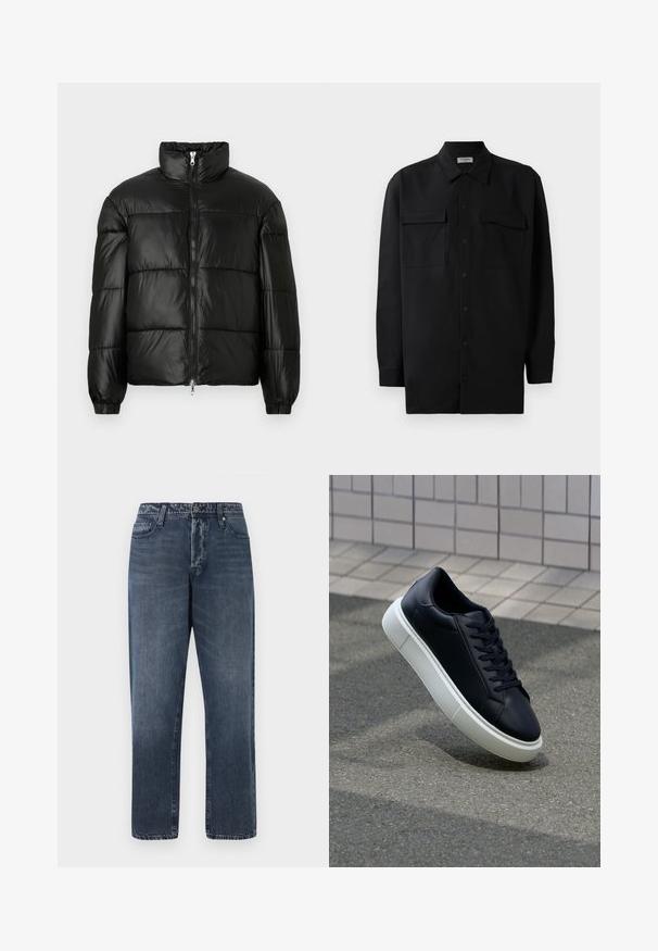 Črna pufasta jakna z visokim ovratnikom, z zadrgo spredaj, prešito zasnovo, elastičnimi manšetami in sijočim, gladkim zaključkom tkanine.; Črn srajčni zgornji del iz gladkega materiala, s klasičnim ovratnikom, dvema sprednjima žepoma in dolgimi rokavi z gumbi na manšetah.; Jack & Jones JJIEDDIE JJORIGINAL - Vrečaste kavbojke - blue denim; Črne usnjene superge z zaobljenim prstom in belim gumijastim podplat. Imajo ravne vezalke in minimalno šivanje na zgornjem delu. Teksturirani podplat za oprijem.
