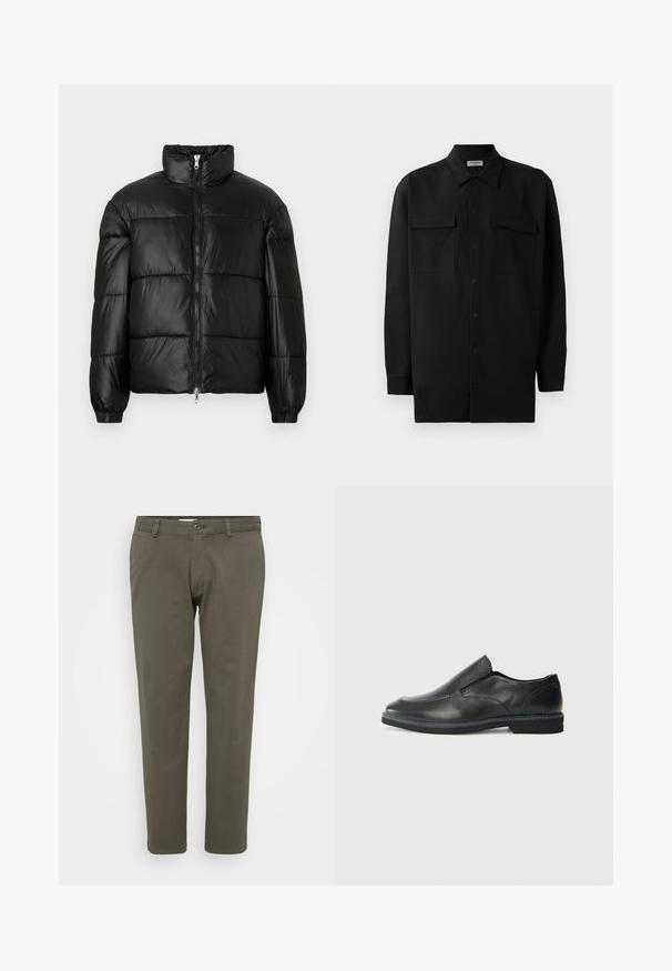 Black puffer jacket with a high collar, zip front closure, quilted design, elastic cuffs, and shiny, smooth fabric finish.; Black button-up shirt made of smooth fabric, featuring a classic collar, two front pockets, and long sleeves with button cuffs.; Olive green pants made from cotton blend fabric. Straight-leg design with a flat front, button closure, and belt loops. Smooth texture.; Black leather slip-on shoe with a smooth upper, stitched accents, rounded toe, and a low rubber heel. Sole features minimal tread.