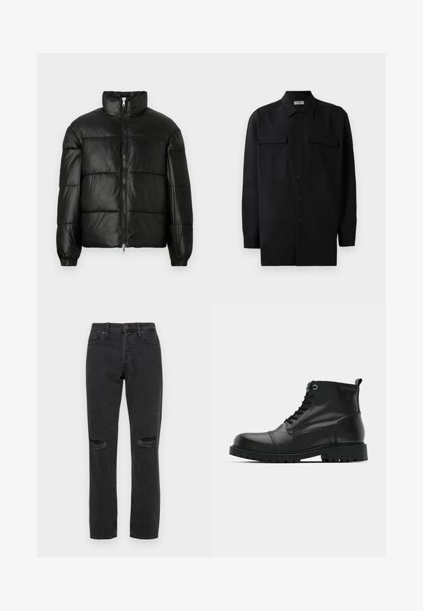 Mustat puffer-takki korkealla kauluksella, vetoketjukiinnitys edessä, tikattu malli, joustavat hihansuut ja kiiltävä, sileä kangasviimeistely.; Musta napillinen paita, joka on valmistettu sileästä kankaasta. Paita sisältää klassisen kaulan, kaksi etutaskua ja pitkät hihat, joissa on nappivarat.; Mustat farkut, joissa on kuluneet polvivauriot, viisi taskua, suora lahje ja huomaamaton ompelu. ; Musta nahkasaappaat nilkkamittaisella, pyöreällä kärjellä, nauhakiinnityksellä, kontrastoivilla harmailla silmukoilla ja karkealla kumipohjalla. Sujuva pinta, jossa on vain vähän korostuksia.