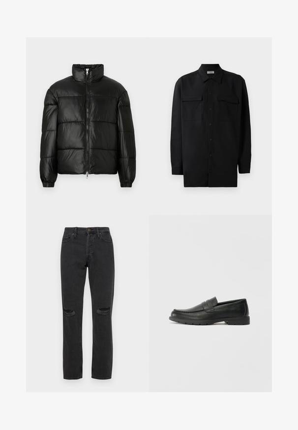 Čierna páperová bunda s vysokým golierom, predným zipsom, prešívaným dizajnom, elastickými manžetami a lesklým hladkým materiálom.; Čierna košeľa na gombíky vyrobená z hladkej tkaniny, so klasickým golierom, dvoma prednými vreckami a dlhými rukávmi s gombíkovými manžetami.; Čierne deninové džínsy s roztrhnutím na kolenách, päť vreciek, rovný strih a jemný kontrast v šití.; Čierne kožené mokasíny s hladkým povrchom, vrchnou časťou v štýle mokasín, prešitým detailom a gumovou podrážkou. Klasický dizajn s nízkym podpätkom.