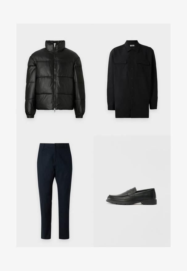 Fekete puffernadrág magas gallérral, cipzáras elülső záródással, steppelt kialakítással, elasztikus mandzsettákkal és fényes, sima szövetfelülettel.; Fekete gombos ing, sima anyagból készült, klasszikus gallérral, két elülső zsebbel és hosszú ujjakkal, amelyek gombos mandzsettával záródnak.; Tengerészkék vászon anyagú nadrág, egyenes szárú dizájnnal, gombos záródással és oldalsó zsebekkel. Simas texture.; Fekete bőr mokaszinok sima felülettel, a mokaszin stílusú felsőrésszel, varrott részletezéssel és gumitalppal. Klasszikus dizájn alacsony sarokkal.