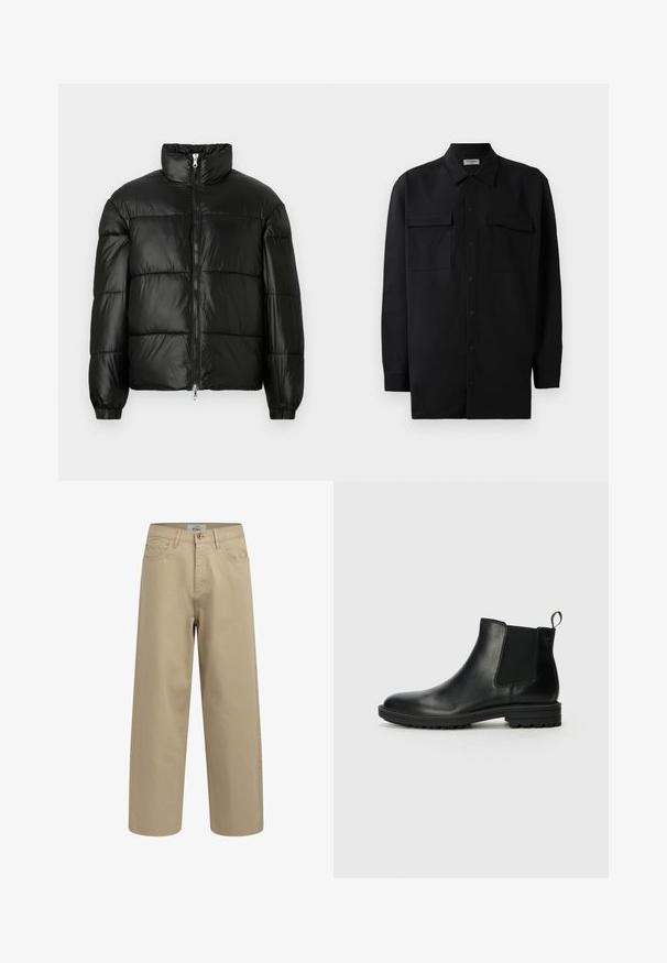 Schwarze Daunenjacke mit hohem Kragen, Reißverschluss vorne, gestepptem Design, elastischen Bündchen und glänzendem, glattem Stofffinish.; Schwarzes Hemd mit Knopfleiste aus glattem Stoff, das einen klassischen Kragen, zwei Brusttaschen und lange Ärmel mit Knopfmanschetten aufweist.; Beige weite Hosen aus Baumwollstoff. Mit Knopfverschluss, Gürtelschlaufen und Vordertaschen. Glatte Textur ohne sichtbare Muster.; Jack & Jones JFWHOSKINS - Stiefelette - anthracite