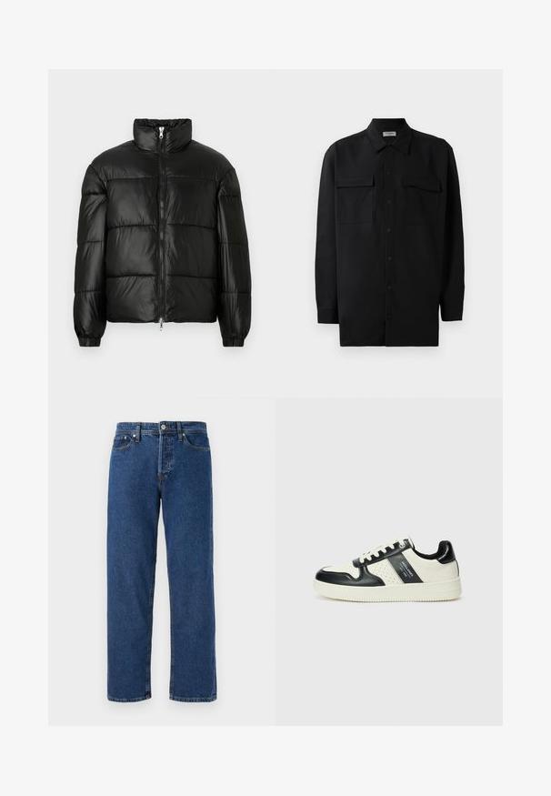 Melna pūkainā jaka ar augstu apkakli, rāvējslēdzēja priekšējo aizdari, quilted dizainu, elastīgām piedurknēm un spīdīgu, gludu auduma apdari.; Melnā pogu krekla, kas izgatavota no gludas auduma, ar klasisku apkakli, divām priekšējām kabatām un garām piedurknēm ar pogu aprocēm.; Zili džinsi ar taisnu kāju griezumu, kas aprīkoti ar piecām kabatām, metāla pogas aizdari un redzamu šuvju dekoru.; Ādas sporta apavi ar melnbaltu krāsu shēmu, ar perforētiem akcentiem, mīkstinātu apkakli un teksturētu zoli.