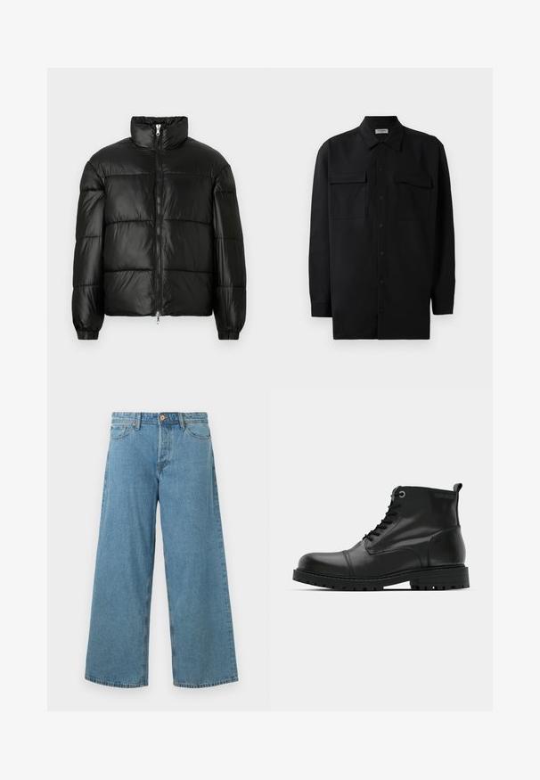 Casaco puffer preto com gola alta, fecho frontal em zíper, design acolchoado, punhos elásticos e acabamento de tecido brilhante e suave.; Camisa preta de botão, feita de um tecido suave, com golas clássicas, dois bolsos frontais e mangas longas com punhos abotoados.; Jeans de ganga de perna larga em azul claro, com botão frontal e bolsos, exibidos contra um fundo branco simples.; Botas de tornozelo em couro preto com bico arredondado, design de atacadores, ilhós cinzentos em contraste e sola de borracha robusta. Textura suave com acentos mínimos.