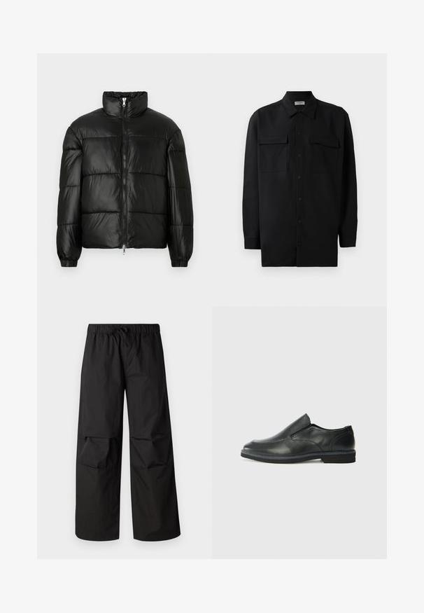 Črna pufasta jakna z visokim ovratnikom, z zadrgo spredaj, prešito zasnovo, elastičnimi manšetami in sijočim, gladkim zaključkom tkanine.; Črn srajčni zgornji del iz gladkega materiala, s klasičnim ovratnikom, dvema sprednjima žepoma in dolgimi rokavi z gumbi na manšetah.; Črne široke hlače iz lahkega materiala, s suspensorjem z elastičnim pasom in podrobnostmi na kolenih.; Črne usnjene natikače z gladkim zgornjim delom, prišitimi detajli, zaobljenim nosom in nizkim gumijastim petkom. Podplat ima minimalen profil.