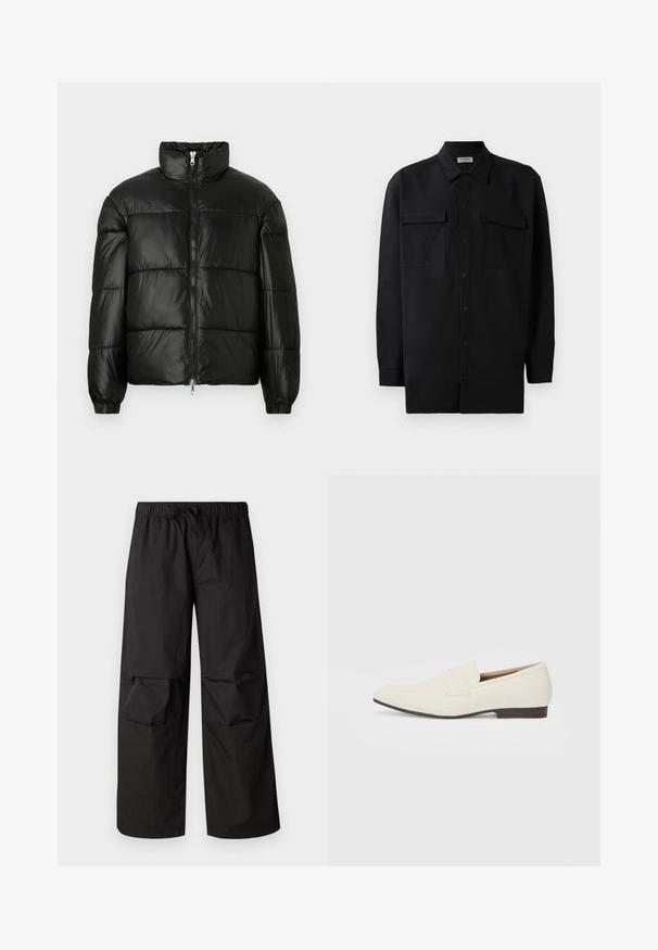 Svart pufferjakke med høy krage, glidelås foran, quiltet design, elastiske mansjetter og blank, glatt stofffinish.; Svart skjorte med knapper laget av glatt stoff, med klassisk krage, to frontlommer og lange ermer med knappe mansjetter.; Svart vide bukser laget av lett stoff, med elastisk midjebånd og snor, samt detaljer ved knærne.; Lyse beige loafers med spiss tå, glatt materiale, en stropp over vampsen, og en lav brun såle. Enkel design med minimale detaljer.