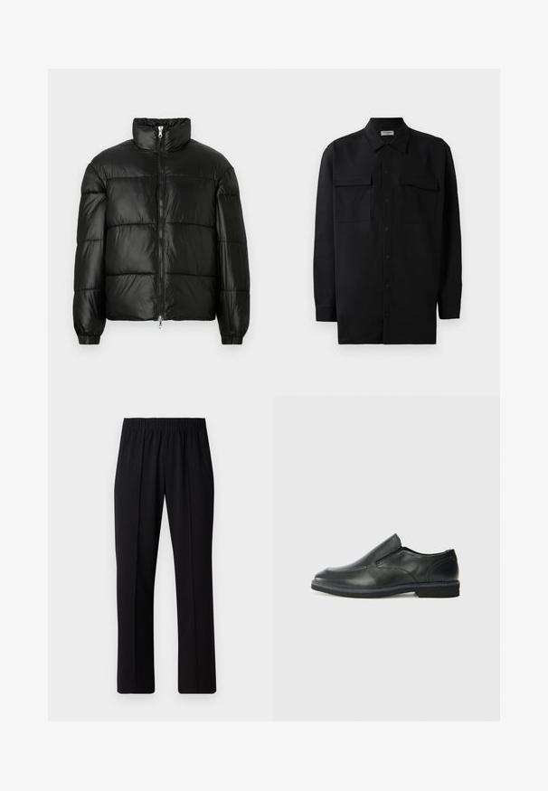 Svart pufferjakke med høy krage, glidelås foran, quiltet design, elastiske mansjetter og blank, glatt stofffinish.; Svart skjorte med knapper laget av glatt stoff, med klassisk krage, to frontlommer og lange ermer med knappe mansjetter.; Svart, elastisk midjebukser med rett ben-design, med en glatt tekstur og uten synlige mønstre eller maskinvare.; Sorte skinn slip-on sko med en jevn overflate, stikking detaljer, rund tå og en lav gummihæl. Sålen har minimal mønstring.