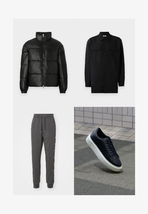 Chaqueta de pluma negra con un cuello alto, cierre frontal con cremallera, diseño acolchado, puños elásticos y acabado de tela brillante y suave.; Camisa negra de botones, fabricada en tejido suave, con un cuello clásico, dos bolsillos delanteros y mangas largas con puños de botón.; Pantalones de chándal grises, fabricados en una tela suave, con una cintura ajustable con cordón, puños en los tobillos y botones a presión a lo largo de los lados para un fácil acceso.; Zapatilla de cuero negro con punta redonda y suela de goma blanca. Presenta cordones planos y un mínimo de costuras en la parte superior. Suela texturizada para proporcionar agarre.