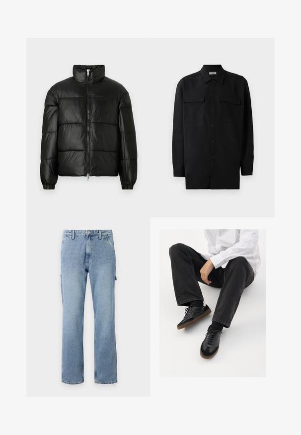 Giacca a vento nera con colletto alto, chiusura frontale con zip, design trapuntato, polsini elasticizzati e finitura in tessuto lucido e liscio.; Camicia nera con bottoni realizzata in tessuto morbido, dotata di colletto classico, due tasche frontali e maniche lunghe con polsini a bottone.; Pantaloni cargo in denim azzurro chiaro con gambe dritte, cinque tasche e chiusura con bottone. Presentano tasche laterali e un fit casual e rilassato.; Sneaker nere con una tomaia liscia e testurizzata, con suola in gomma e lacci scuri. Abbinati a jeans neri e una camicia bianca a righe.