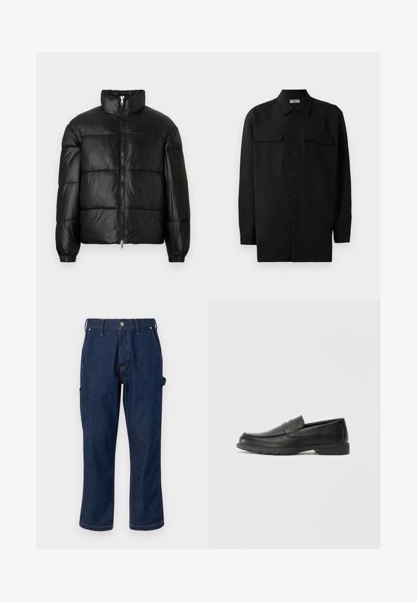 Črna pufasta jakna z visokim ovratnikom, z zadrgo spredaj, prešito zasnovo, elastičnimi manšetami in sijočim, gladkim zaključkom tkanine.; Črn srajčni zgornji del iz gladkega materiala, s klasičnim ovratnikom, dvema sprednjima žepoma in dolgimi rokavi z gumbi na manšetah.; Temno modri jeans hlače s ravnim krojem, ki imajo kontrastno oranžno šivanje in stranske žepke, zaprte z kovinsko gumbom.; Črne usnjene loafer čevlje z gladko površino, zgornjim delom v slogu mokasin, šivanimi detajli in gumijastim podplatom. Klasična zasnova z nizko peto.