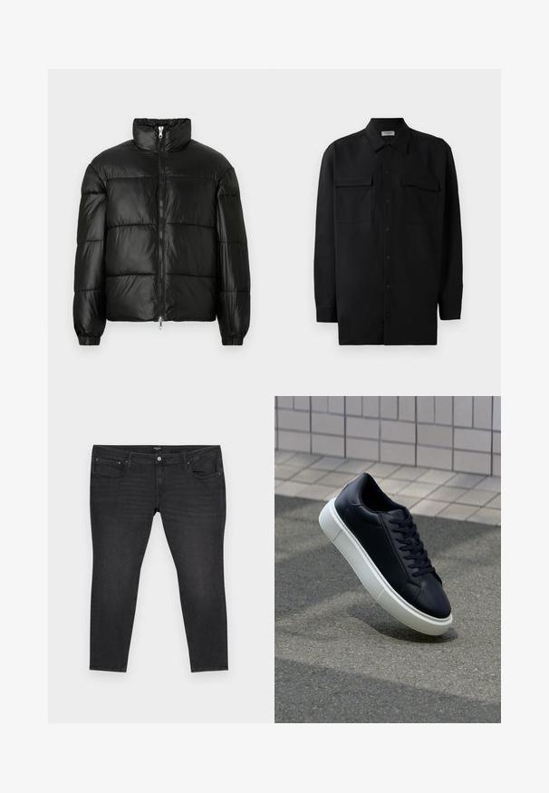Melna pūkainā jaka ar augstu apkakli, rāvējslēdzēja priekšējo aizdari, quilted dizainu, elastīgām piedurknēm un spīdīgu, gludu auduma apdari.; Melnā pogu krekla, kas izgatavota no gludas auduma, ar klasisku apkakli, divām priekšējām kabatām un garām piedurknēm ar pogu aprocēm.; Melni džinsi ar pieguļošu griezumu, kas aprīkoti ar piecām kabatām, priekšējo pogu un rāvējslēdzēju, kā arī ar noslēpumainām uzsvēršanas detaļām.; Melnas ādas kedas ar noapaļotu pirkstu un baltu gumijas zoli. Iespējas - plakanas šņorītes un minimāla apdare augšdaļā. Struktūrēta zole, lai nodrošinātu saķeri.