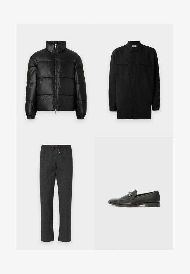 Črna pufasta jakna z visokim ovratnikom, z zadrgo spredaj, prešito zasnovo, elastičnimi manšetami in sijočim, gladkim zaključkom tkanine.; Črn srajčni zgornji del iz gladkega materiala, s klasičnim ovratnikom, dvema sprednjima žepoma in dolgimi rokavi z gumbi na manšetah.; Temno sive, mehki hlače iz blaga z elastičnim pasom in vezalnim trakcem. Hlače naravnost krojene, brez žepov, gladka tekstura in preprosta konstrukcija.; Črni usnjeni loafer z gladko površino, ki ima šivano zasnovo in dekorativni kovinski verižni naglas preko vampirja. Ravno peto.