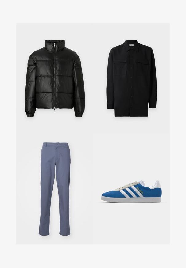 Černá péřová bunda s vysokým límcem, zapínáním na zip, prošívaným designem, elastickými manžetami a lesklým, hladkým povrchem.; Černá košile na knoflíky vyrobená z hladké tkaniny, s klasickým límcem, dvěma předními kapsami a dlouhými rukávy s knoflíkovými manžetami.; Modré kalhoty se rovnými nohavicemi vyrobené z lehké látky s hladkou texturou, vybavené předními kapsami a zapínáním na knoflík v pase.; adidas Originals ADIDAS GAZELLE SHOES - Sálové kopačky - real madrid/bluebird/footwear white/crew yellow