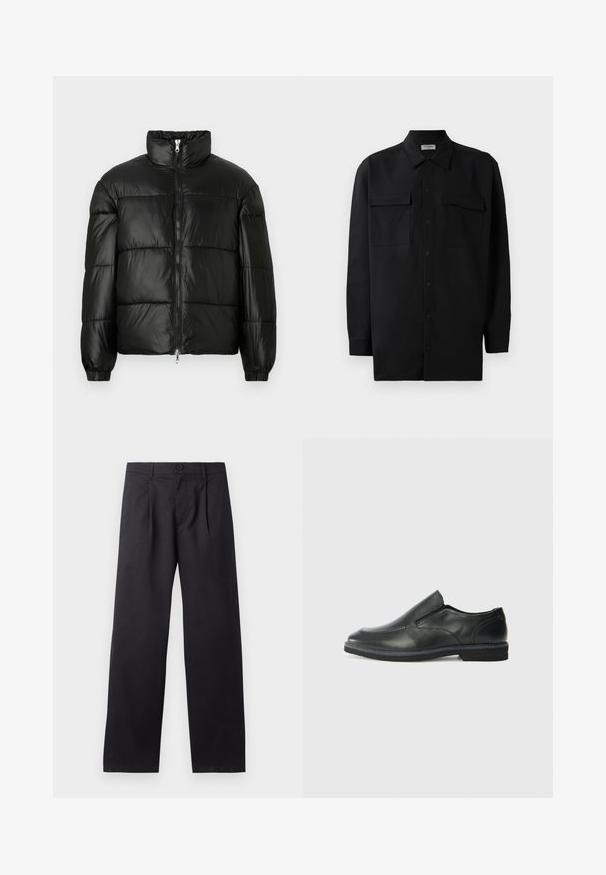 Juodas pūkinis švarkas su aukštu apykakle, užtrauktuko priekyje, siuvinėtu dizainu, elastingais rankogaliais ir blizgia, lygiąja audinio apdaila.; Juodas marškinis su mygtukais, pagamintas iš lygaus audinio, turi klasikinius apykaklės, du priekiniai kišeniai ir ilgus rankovės su mygtukais.; Juodi, plačios kojos kelnės, pagamintos iš lygaus audinio. Yra priekiniai raukšlės, mygtuko užsegimas ir dvi šoninės kišenės.; Juodai odiniai įtvirtinimo batai su lygiu paviršiumi, siuvinėjimo akcentais, apvalia nosimi ir žemu guminiu kulnu. Pado raštas minimalus.